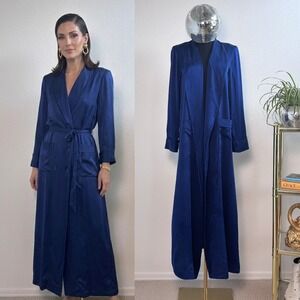Vintage Neiman Marcus 100% Silk Long Wrap Robe Duster Blue XS